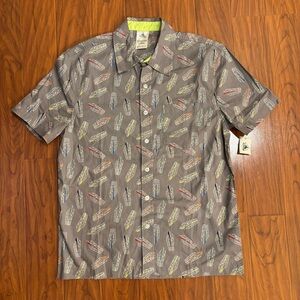 NWT Disney Parks Monorail Print Short Sleeve Button Down Shirt Mens XS Gray
